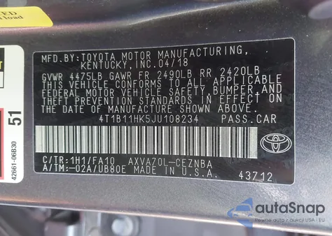 2018 Toyota Camry Le из США, поврежденный, VIN 4T1B11HK5JU108234